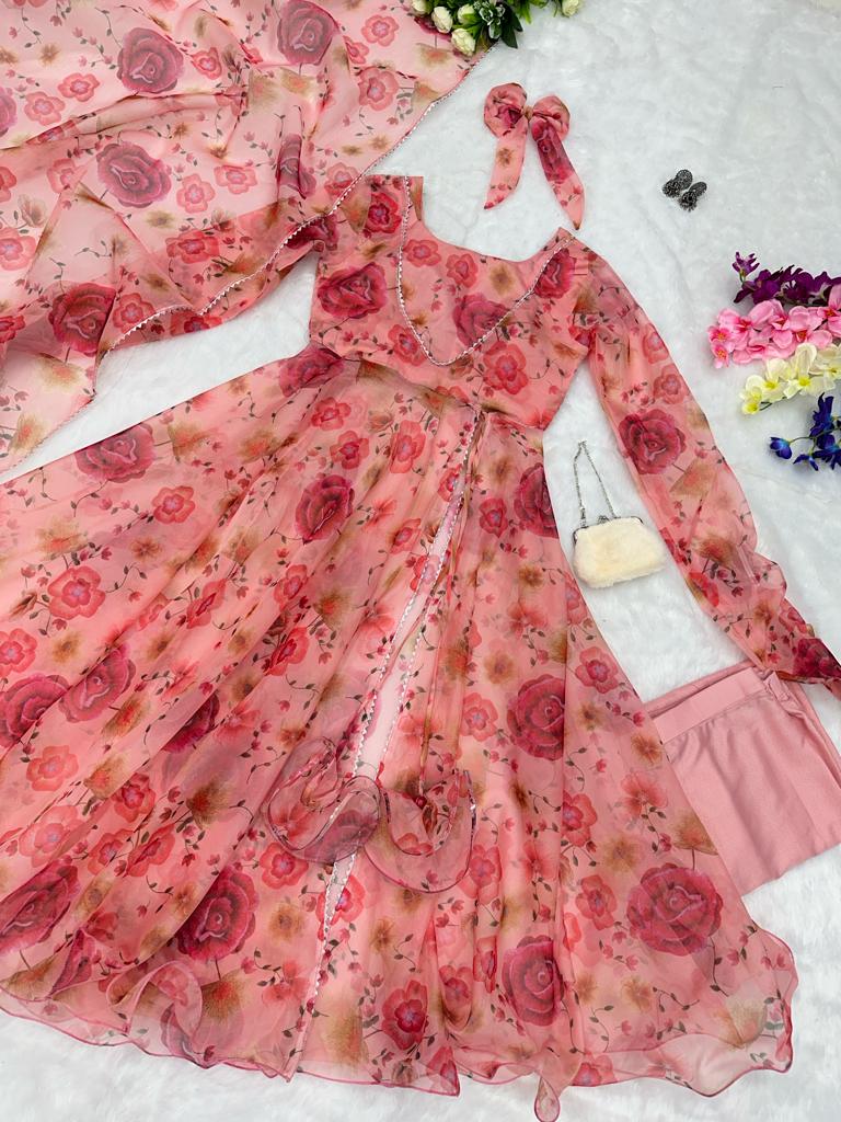 Stylish Peach Flower Print Organza Anarkali Suit