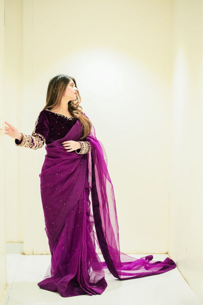Fancy Moti Work Purple Saree With Velvet Full Work Blouse