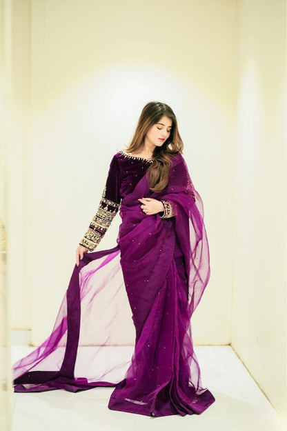 Fancy Moti Work Purple Saree With Velvet Full Work Blouse