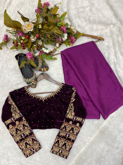 Fancy Moti Work Purple Saree With Velvet Full Work Blouse