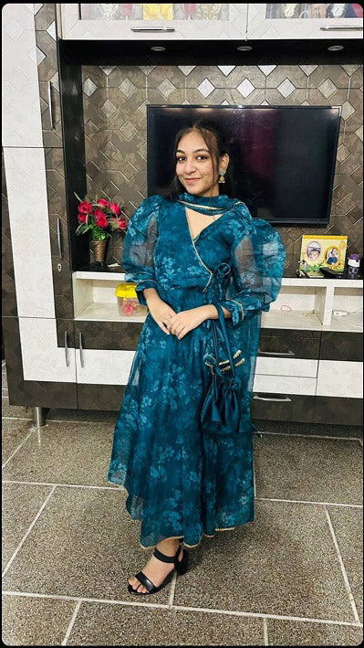 Elegant Teal Blue Digital Print Organza Anarkali Gown