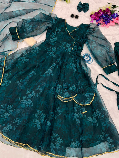 Elegant Teal Blue Digital Print Organza Anarkali Gown