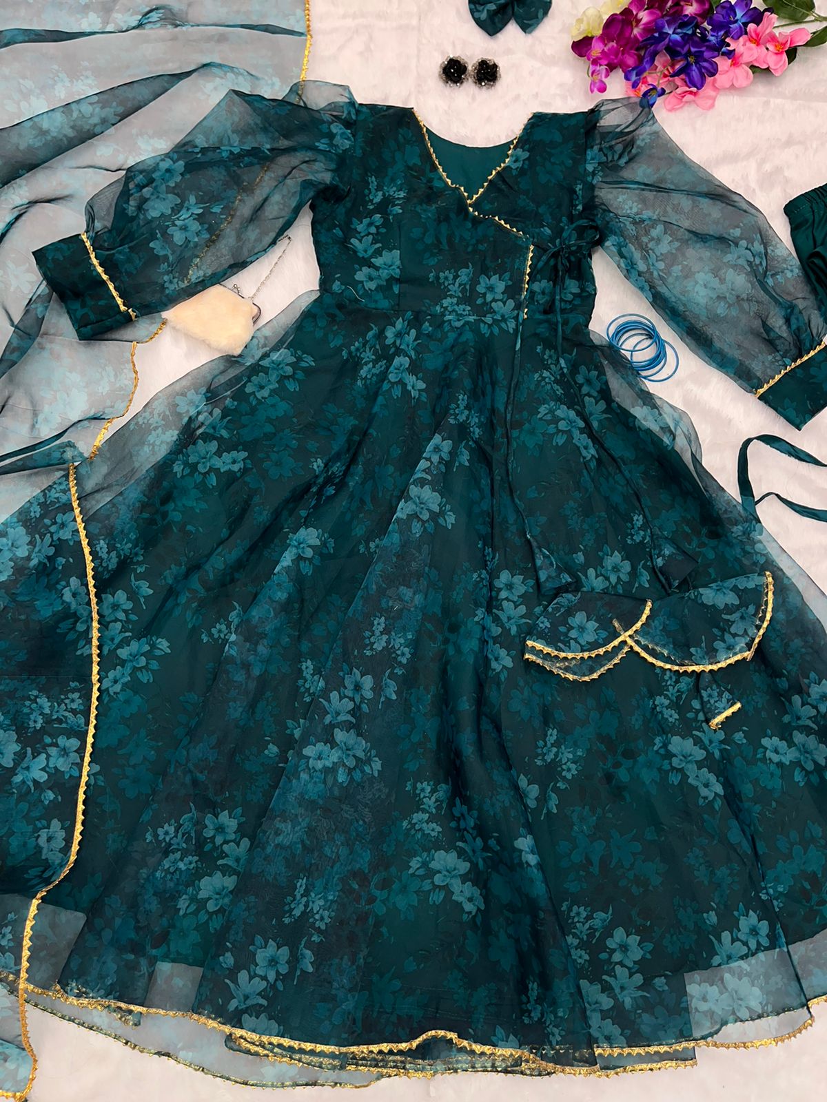 Elegant Teal Blue Digital Print Organza Anarkali Gown