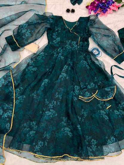 Elegant Teal Blue Digital Print Organza Anarkali Gown