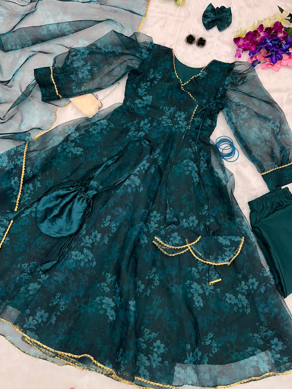 Elegant Teal Blue Digital Print Organza Anarkali Gown