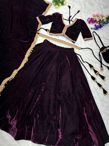 Winter Wedding Wine Color Velvet Lehenga Choli