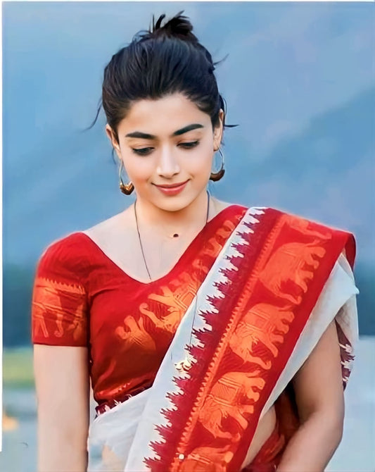 Classy Rashmika Mandanna Style Red And White Saree