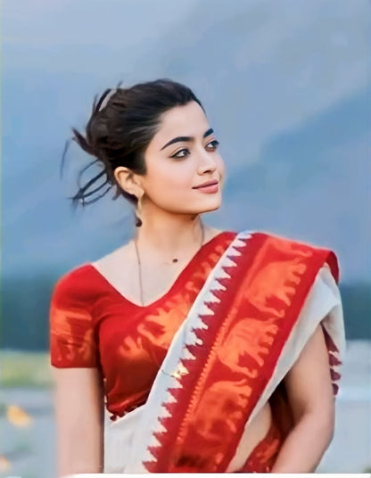 Classy Rashmika Mandanna Style Red And White Saree