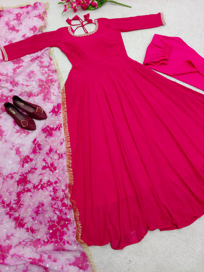 Pink Color Gown With Sequence Embroidery Work Dupatta