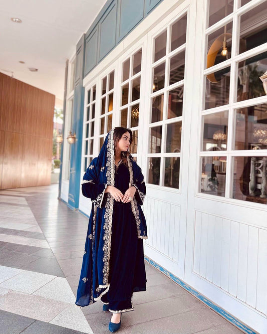 Wonderful Bell Sleeve Blue Color Velvet Salwar Suit