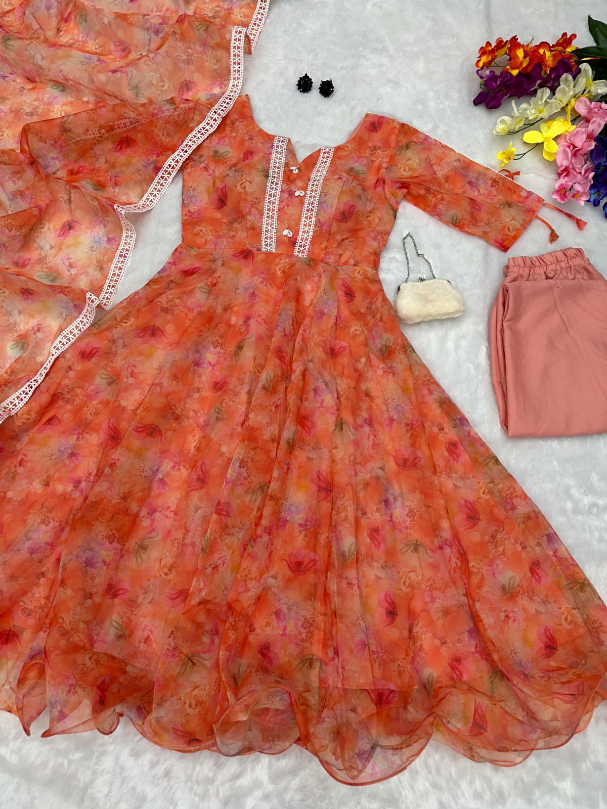 Good Looking Orange Color Organza Anarkali suit