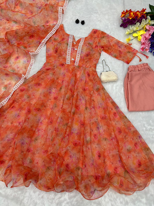 Good Looking Orange Color Organza Anarkali suit
