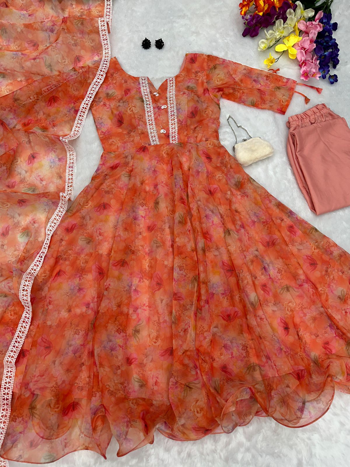 Good Looking Orange Color Organza Anarkali suit