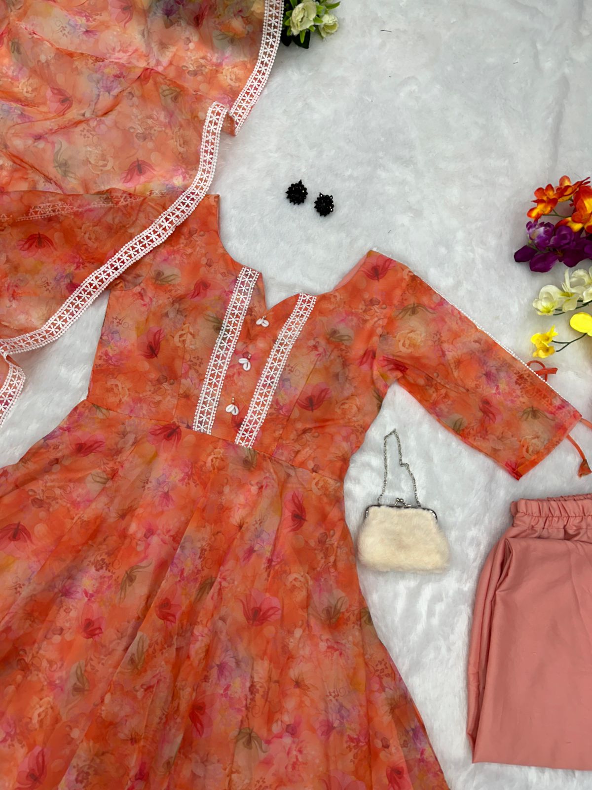 Good Looking Orange Color Organza Anarkali suit