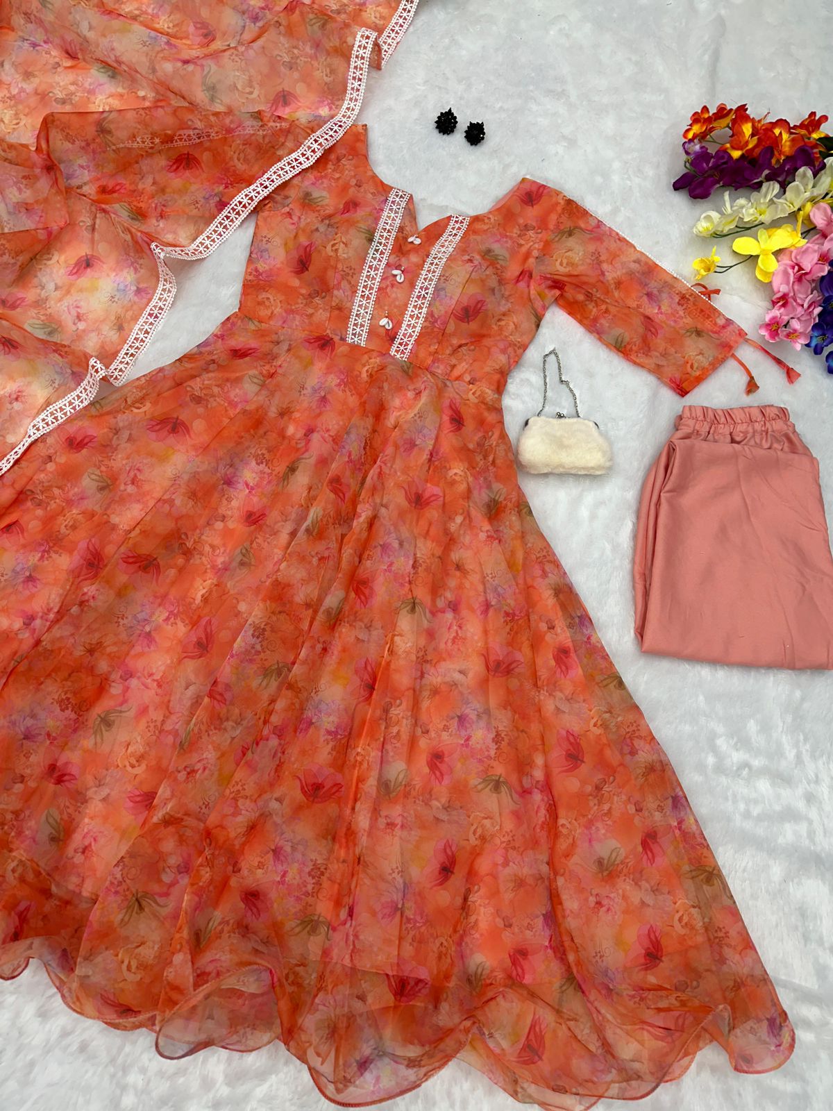 Good Looking Orange Color Organza Anarkali suit