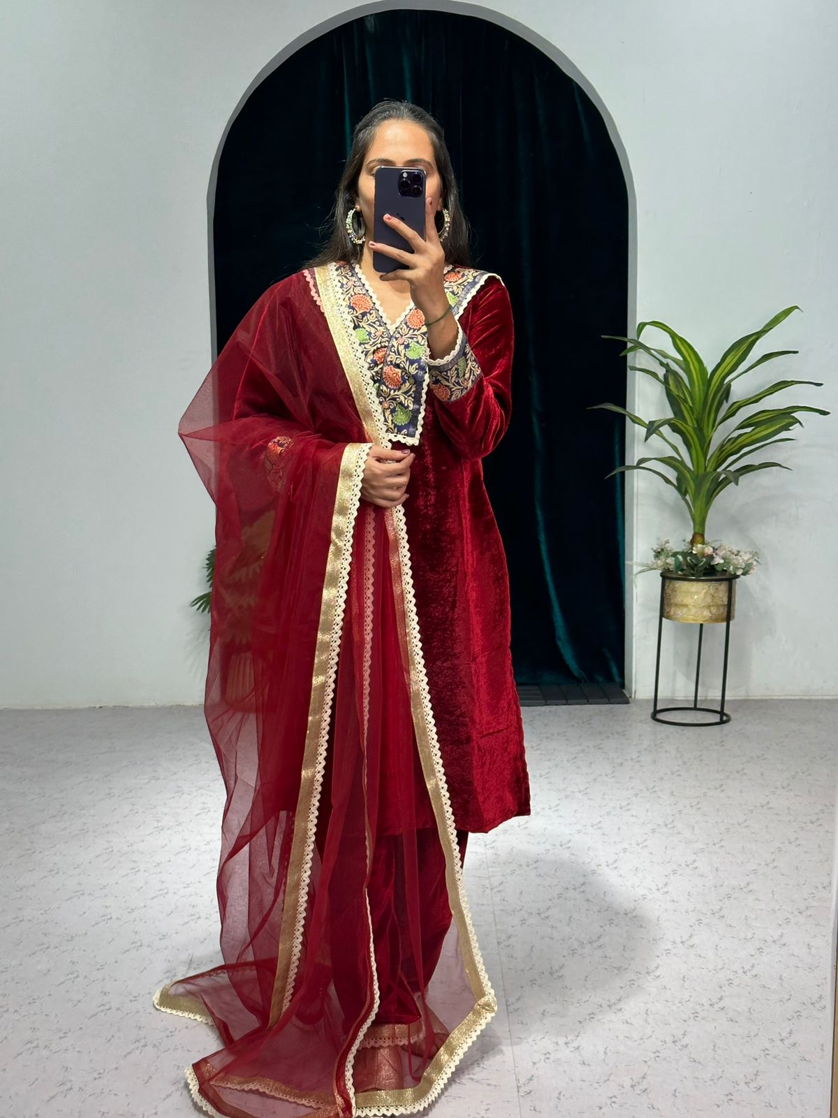Marvelous Maroon Color Jacquard Border Velvet Salwar Suit