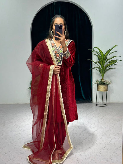 Marvelous Maroon Color Jacquard Border Velvet Salwar Suit