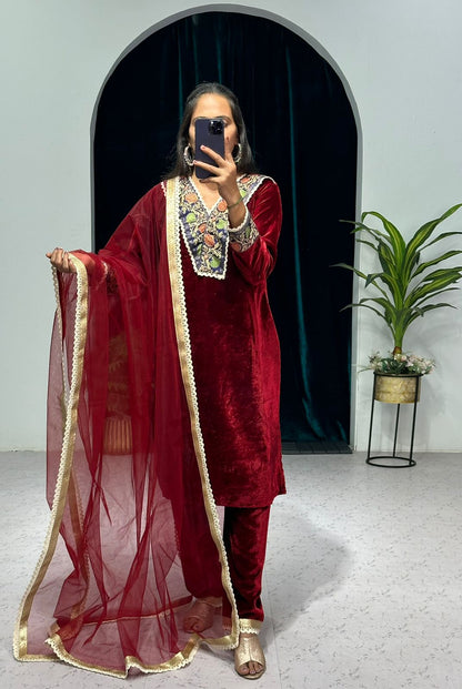 Marvelous Maroon Color Jacquard Border Velvet Salwar Suit