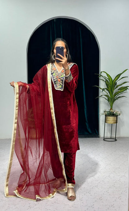 Marvelous Maroon Color Jacquard Border Velvet Salwar Suit