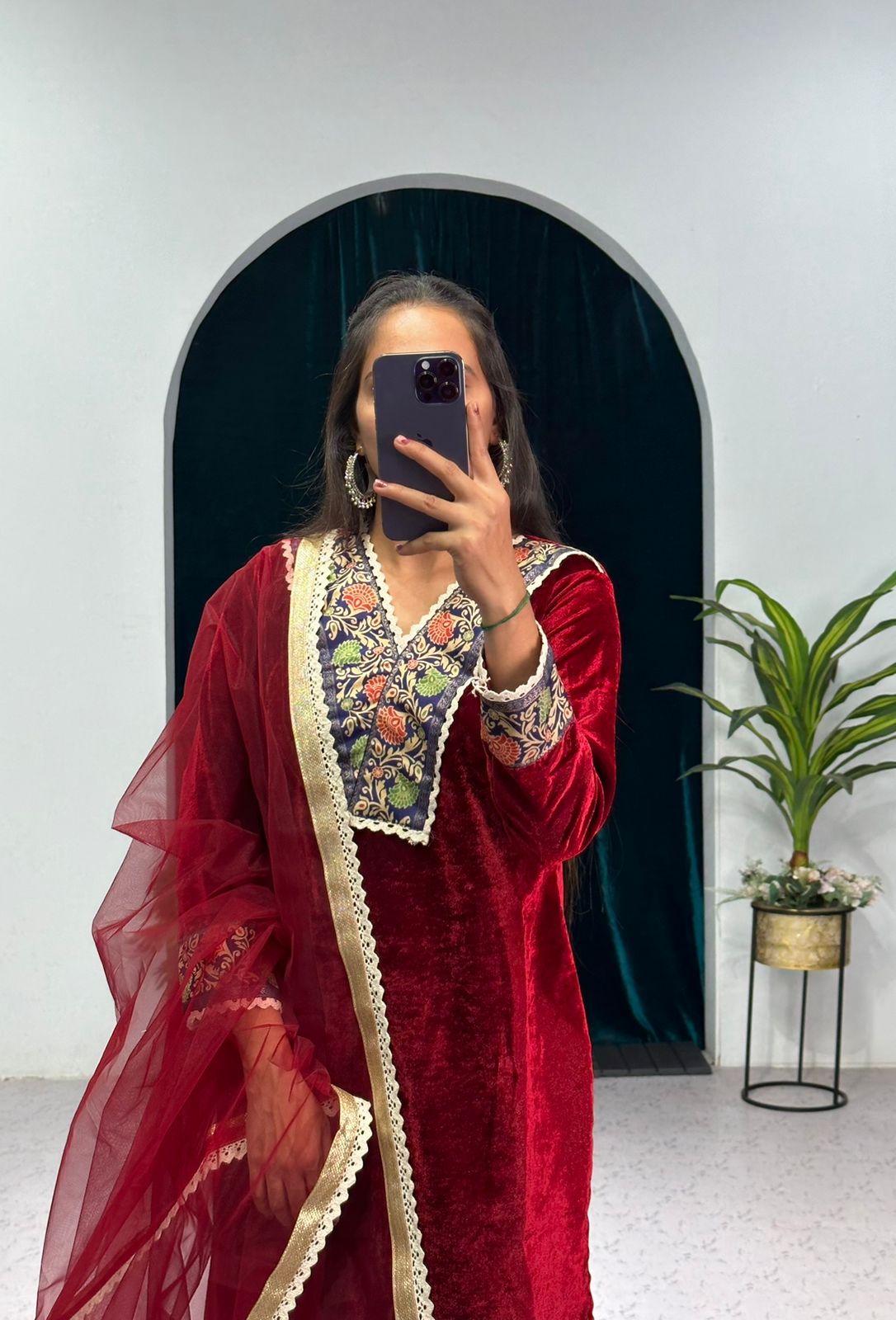 Marvelous Maroon Color Jacquard Border Velvet Salwar Suit