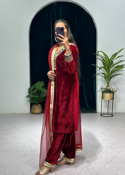 Marvelous Maroon Color Jacquard Border Velvet Salwar Suit