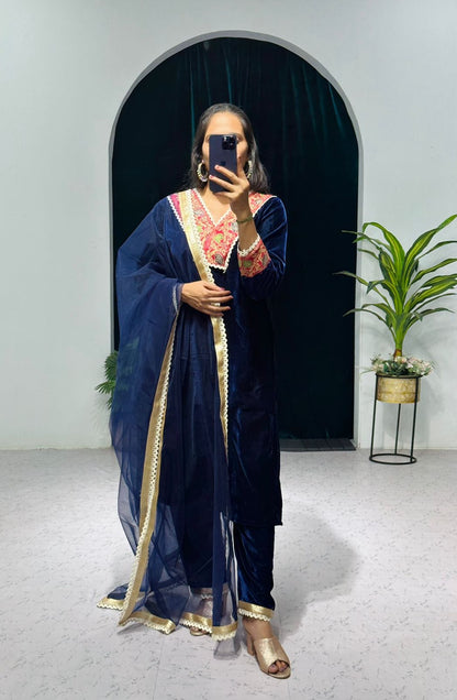 Marvelous Blue Color Jacquard Border Velvet Salwar Suit
