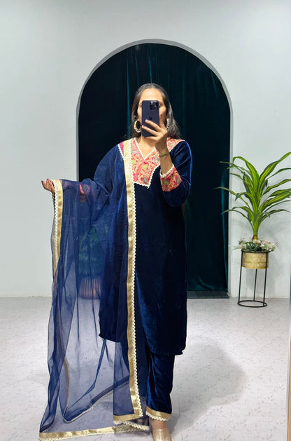Marvelous Blue Color Jacquard Border Velvet Salwar Suit