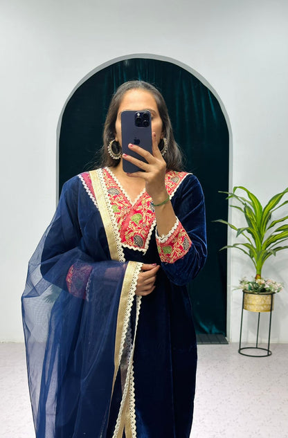 Marvelous Blue Color Jacquard Border Velvet Salwar Suit