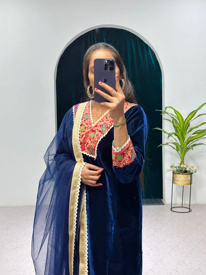 Marvelous Blue Color Jacquard Border Velvet Salwar Suit