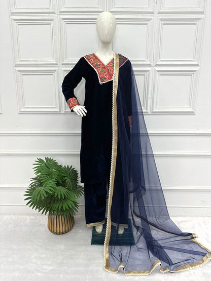 Marvelous Blue Color Jacquard Border Velvet Salwar Suit