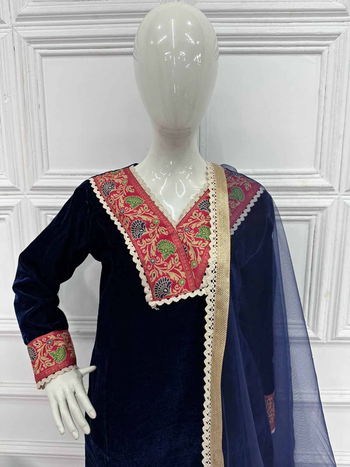 Marvelous Blue Color Jacquard Border Velvet Salwar Suit