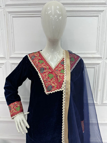 Marvelous Blue Color Jacquard Border Velvet Salwar Suit