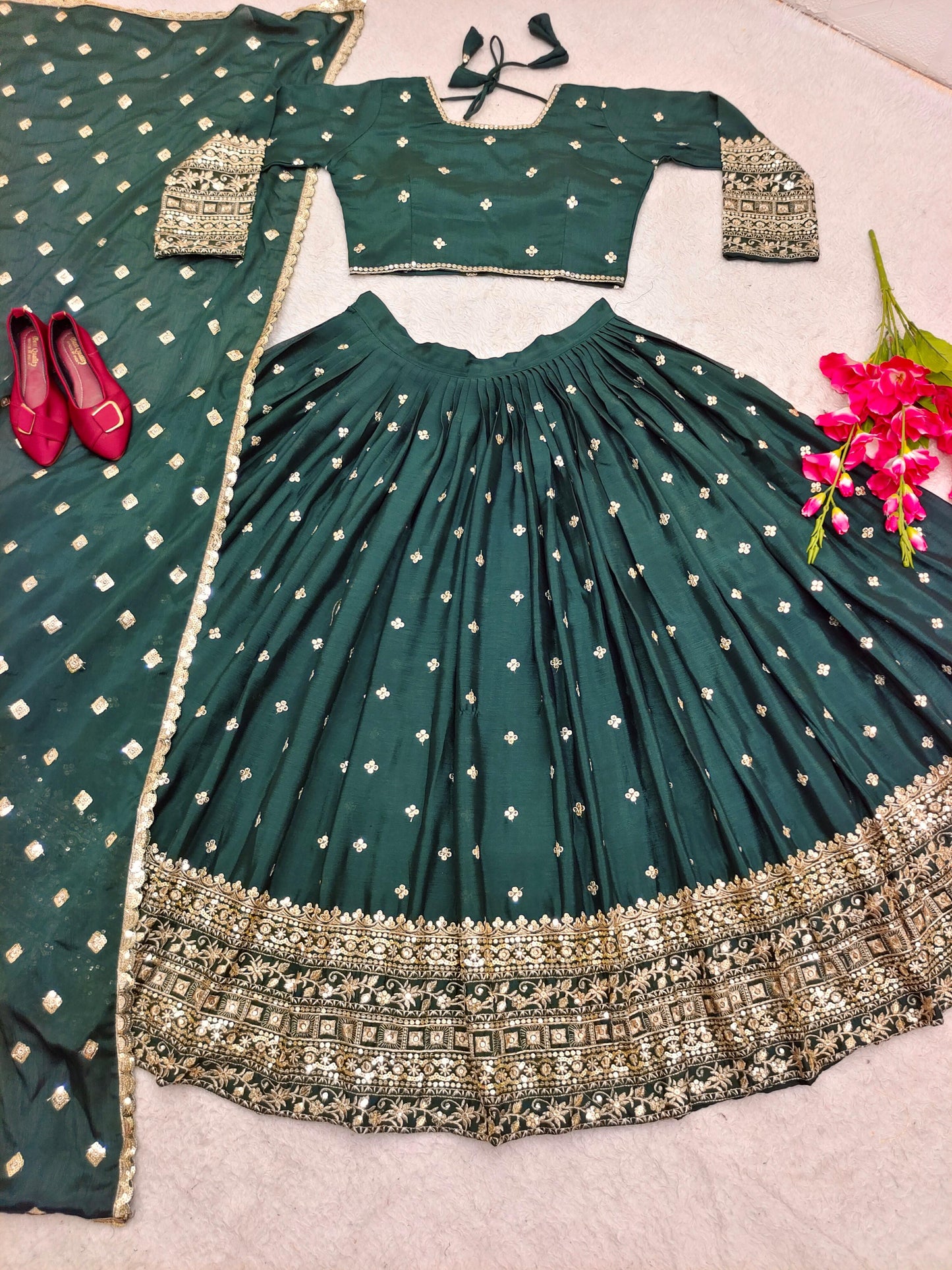 Superhit Green Color Embroidery Work Lehenga Choli
