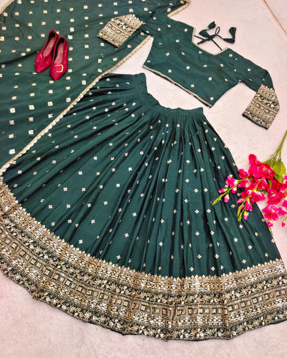 Superhit Green Color Embroidery Work Lehenga Choli