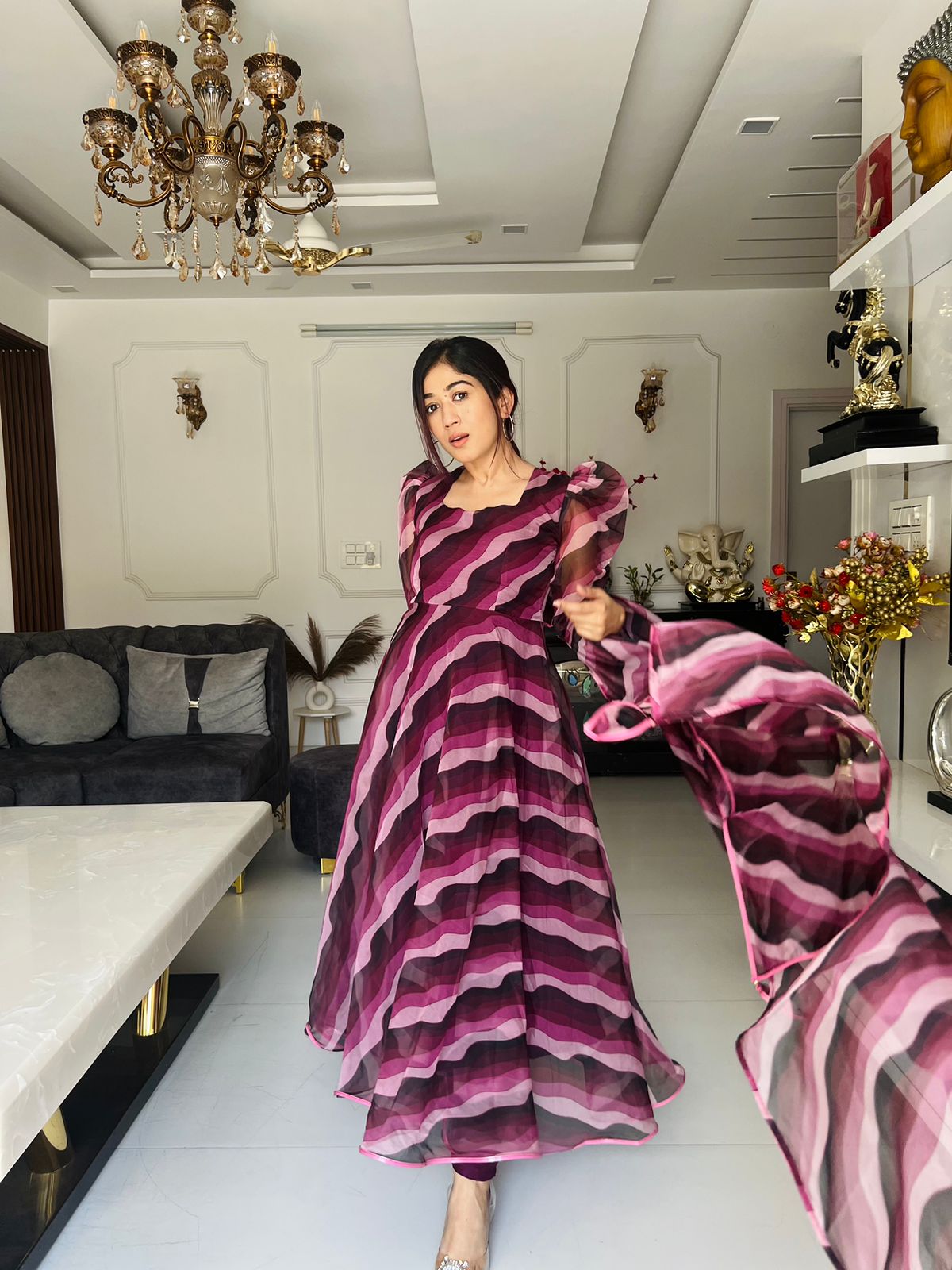 Leheriya Printed Wine Color Organza Anarkali Suit