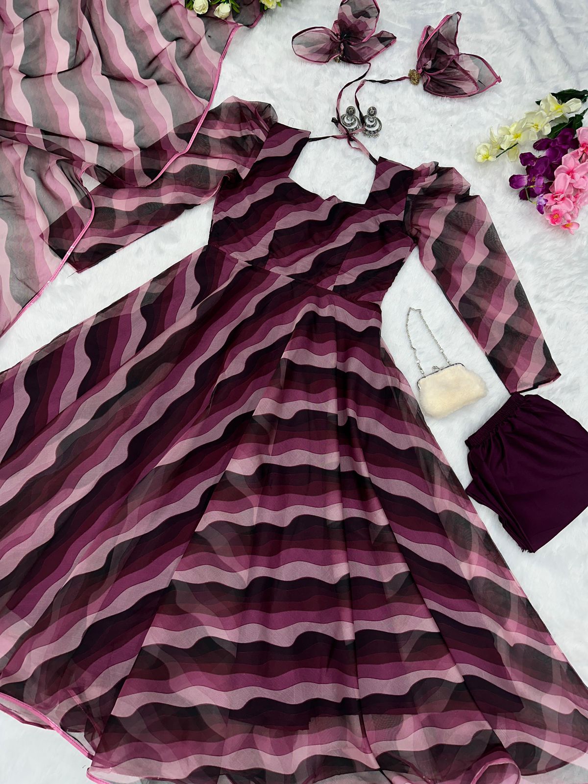 Leheriya Printed Wine Color Organza Anarkali Suit