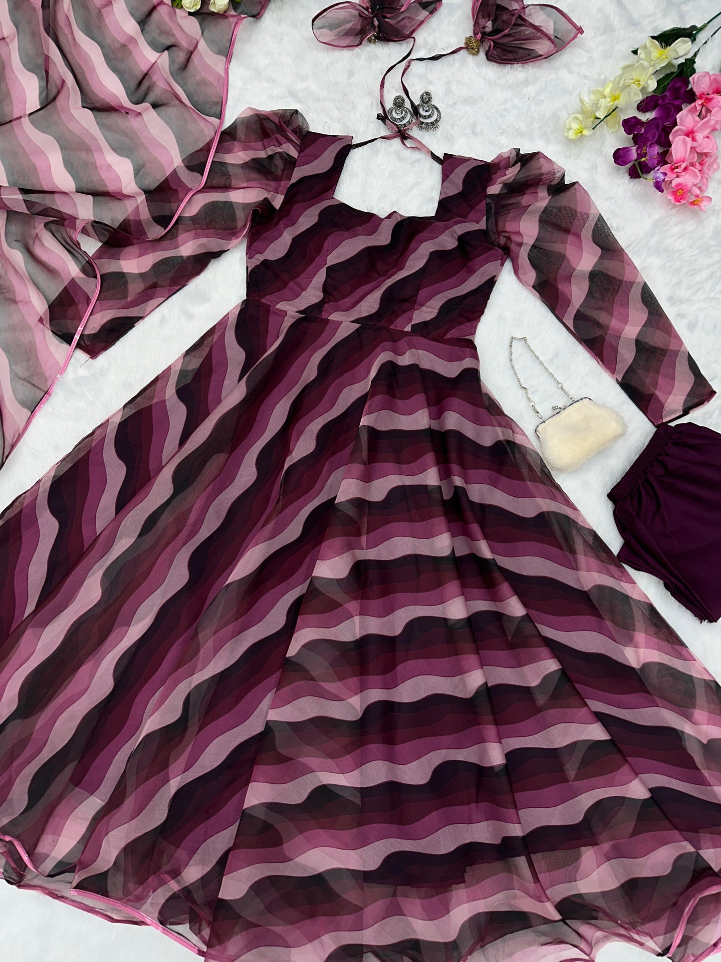 Leheriya Printed Wine Color Organza Anarkali Suit
