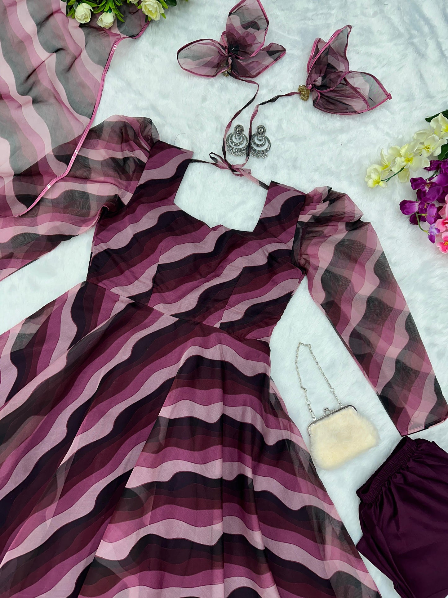 Leheriya Printed Wine Color Organza Anarkali Suit