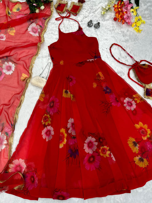 Fancy Neck Pattern Red Color Flower Printed Anarkali Gown