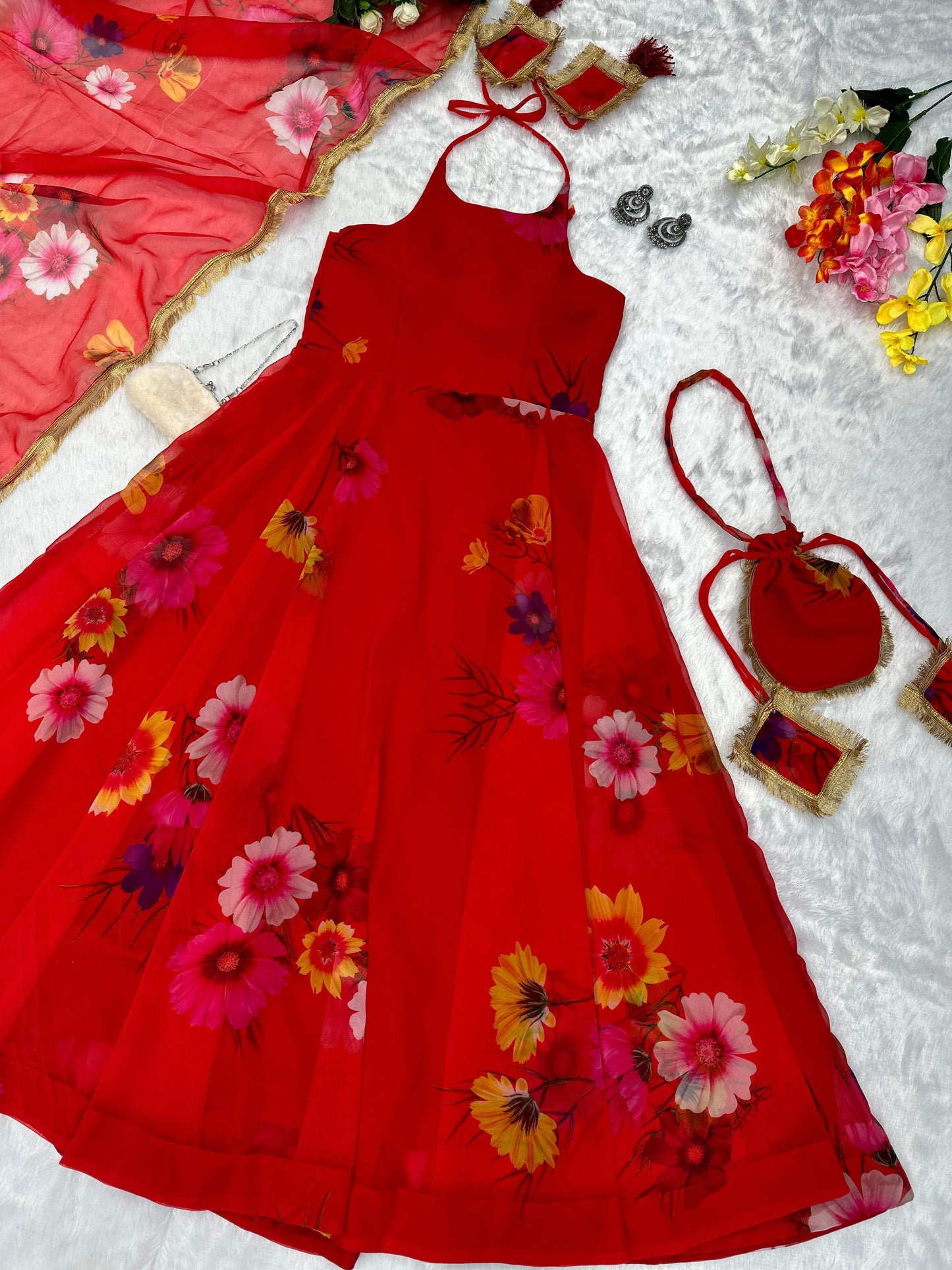Fancy Neck Pattern Red Color Flower Printed Anarkali Gown