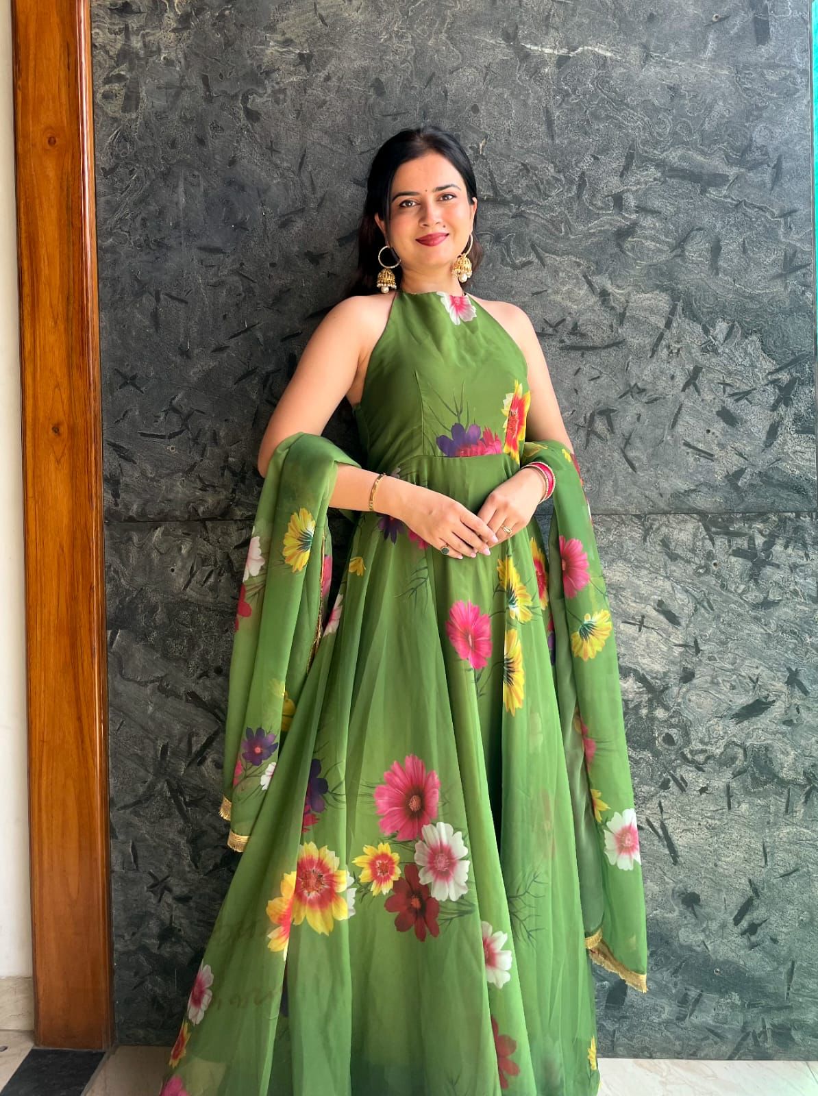 Fancy Neck Pattern Green Color Flower Printed Anarkali Gown