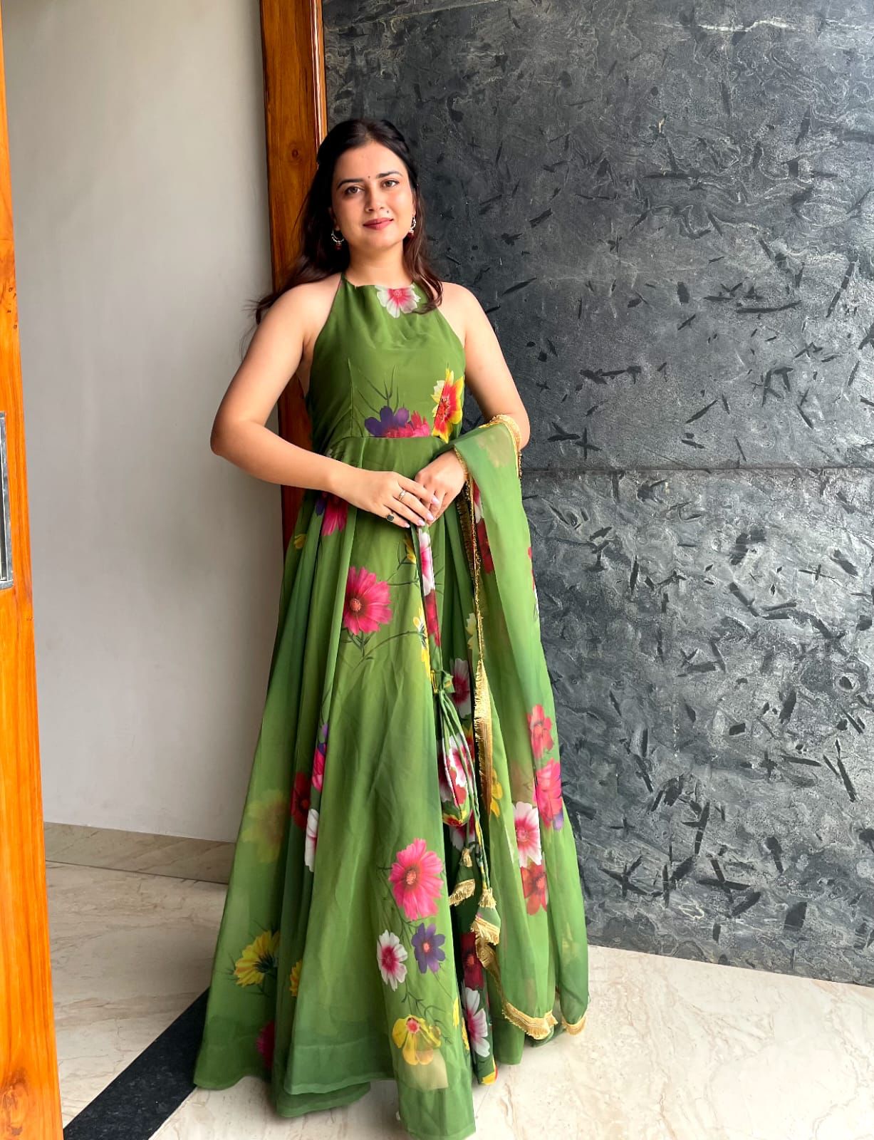 Fancy Neck Pattern Green Color Flower Printed Anarkali Gown