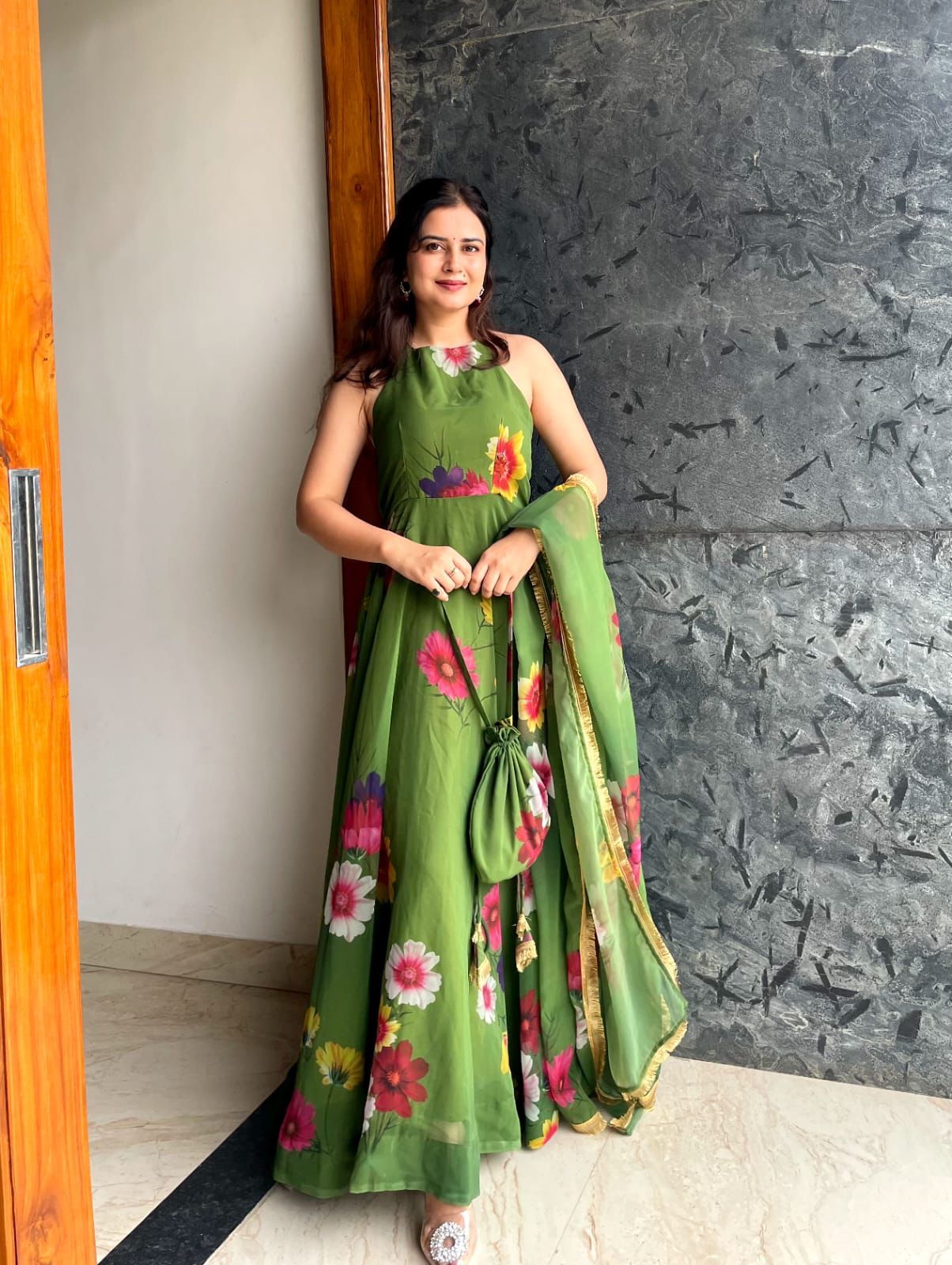 Fancy Neck Pattern Green Color Flower Printed Anarkali Gown