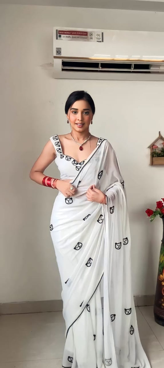 Shining  White Color Soft Georgette Silk Ready To Wear Saree