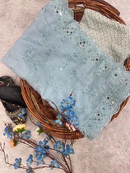 Gorgeous Sky Blue Color Embroidery Work Saree