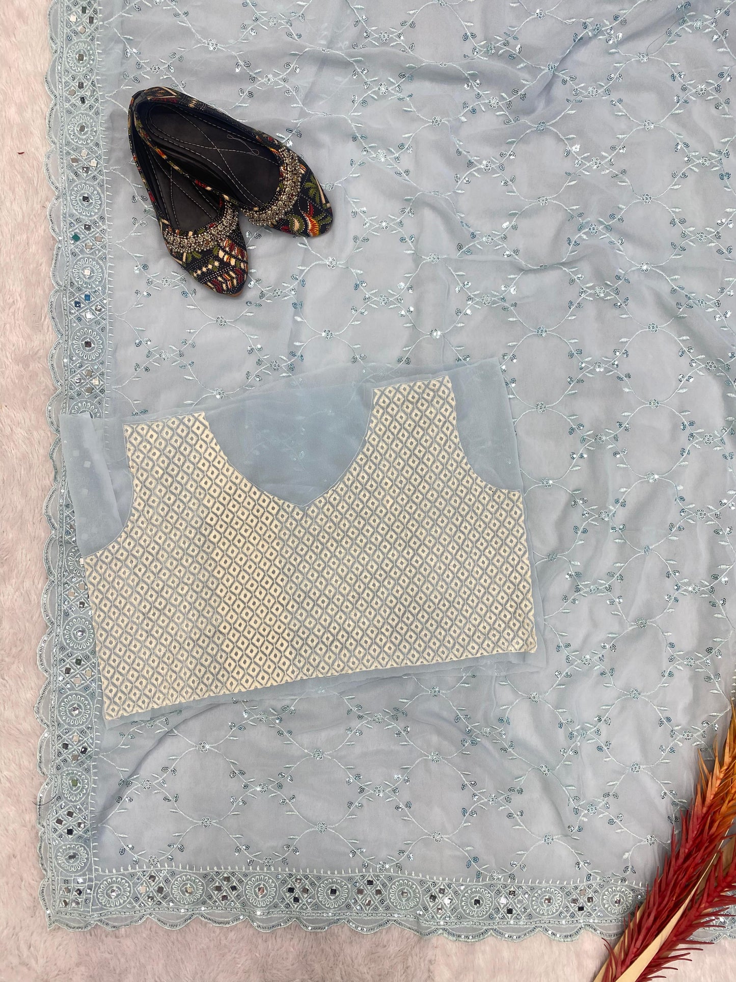 Gorgeous Sky Blue Color Embroidery Work Saree