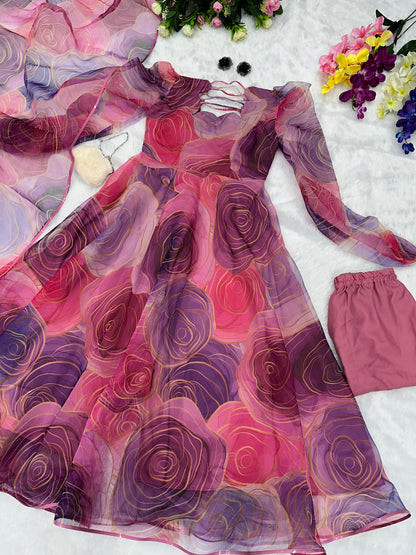 Elegant Multi Color Printed Organza Anarkali Gown