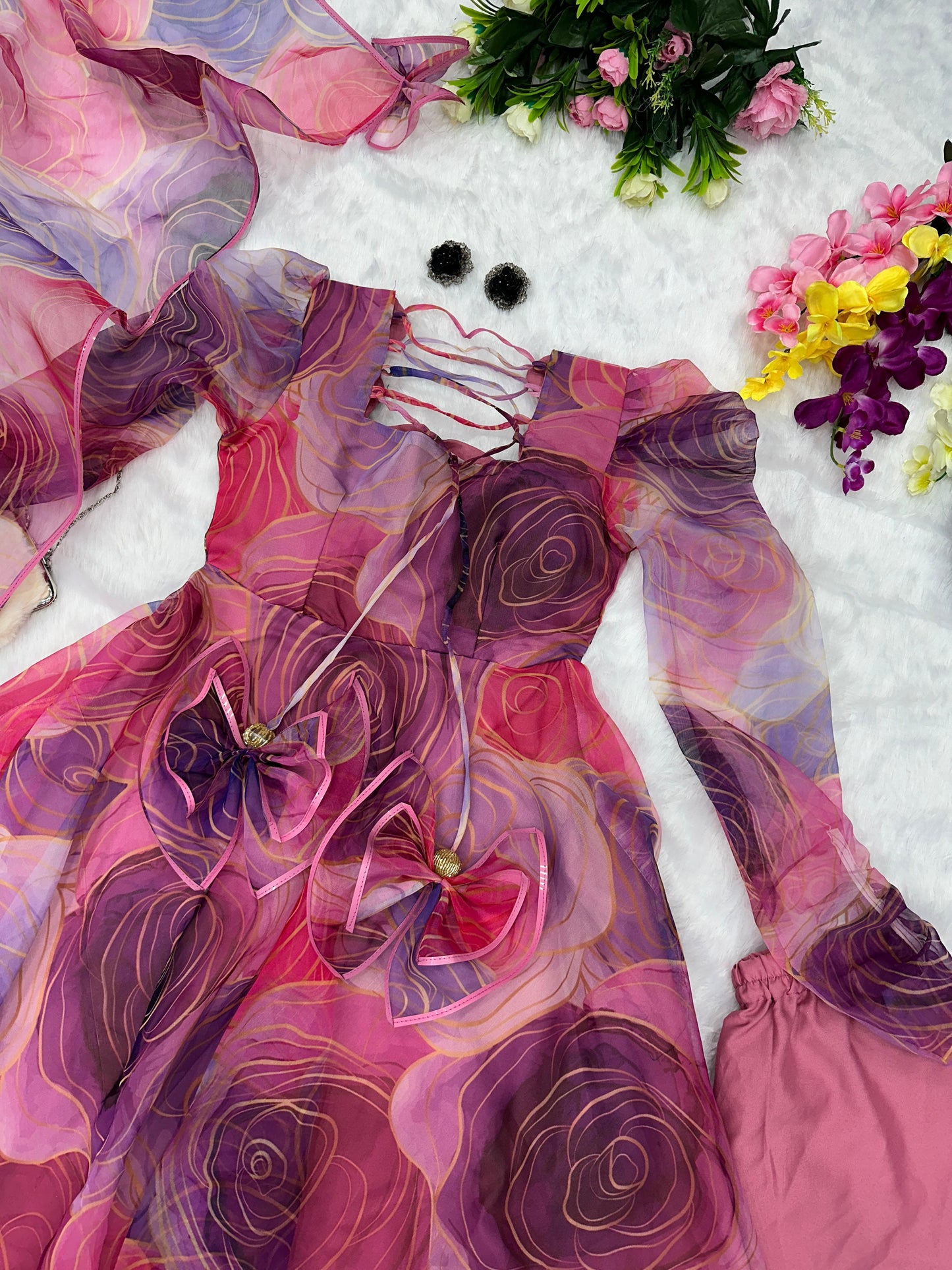 Elegant Multi Color Printed Organza Anarkali Gown
