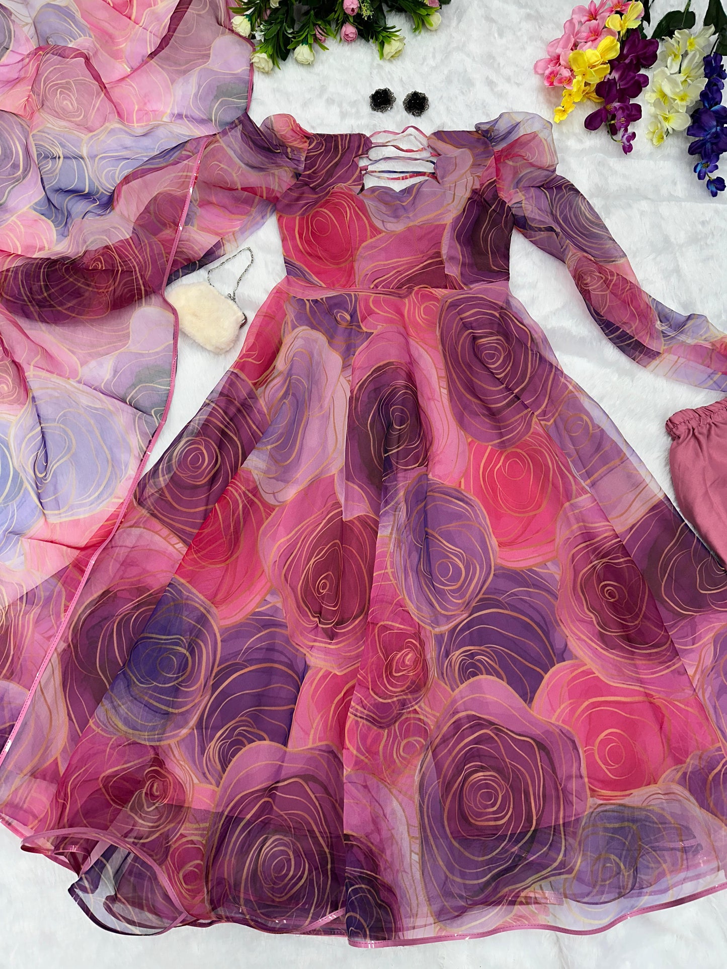 Elegant Multi Color Printed Organza Anarkali Gown