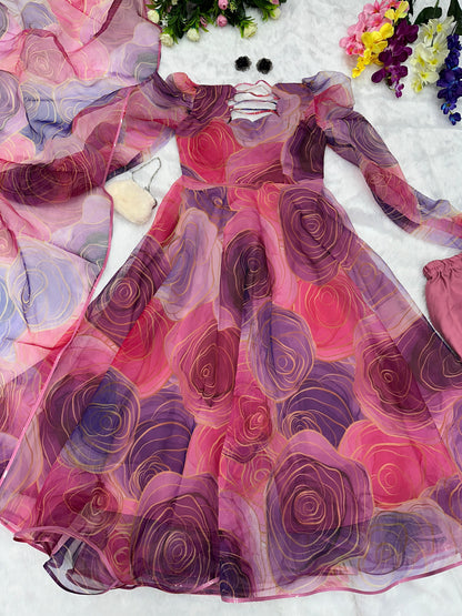 Elegant Multi Color Printed Organza Anarkali Gown